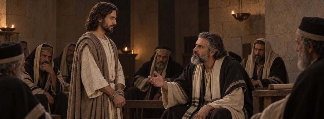 Illustratie bij: Jezus wordt ’s nachts door Kajafas ondervraagd.