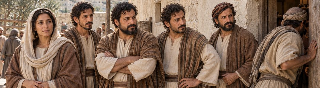 Illustratie bij: Maria en de vier broers van Jezus wachten buiten.