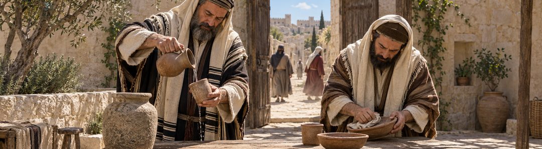 Illustratie bij: Farizeeën wassen bekers en schotels volgens hun tradities.