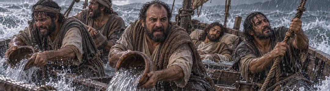 Illustratie bij: De discipelen vrezen voor hun leven in de vollopende boot.