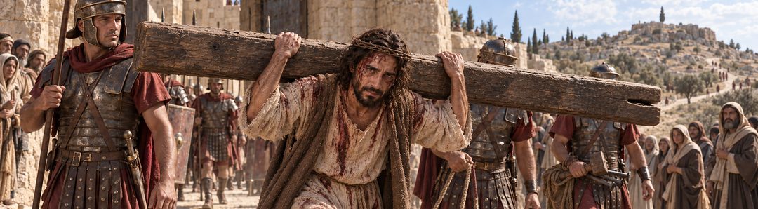 Illustratie bij: Jezus draagt het kruis naar Golgotha.