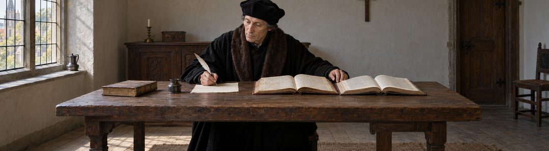 Illustratie bij: Erasmus vergelijkt handschriften van het Nieuwe Testament.