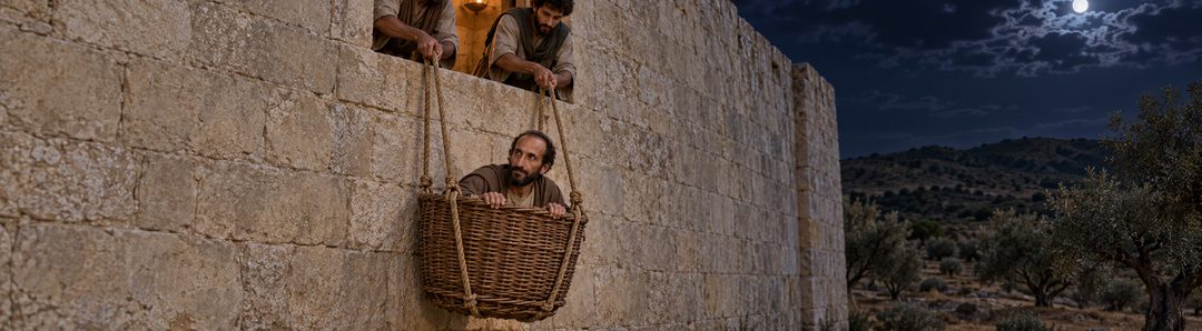 Illustratie bij: Paulus ontsnapt uit Damascus in een mand.