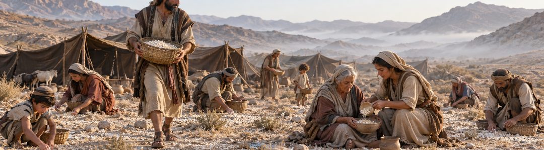 Illustratie bij: Israëlieten verzamelen en meten het manna.