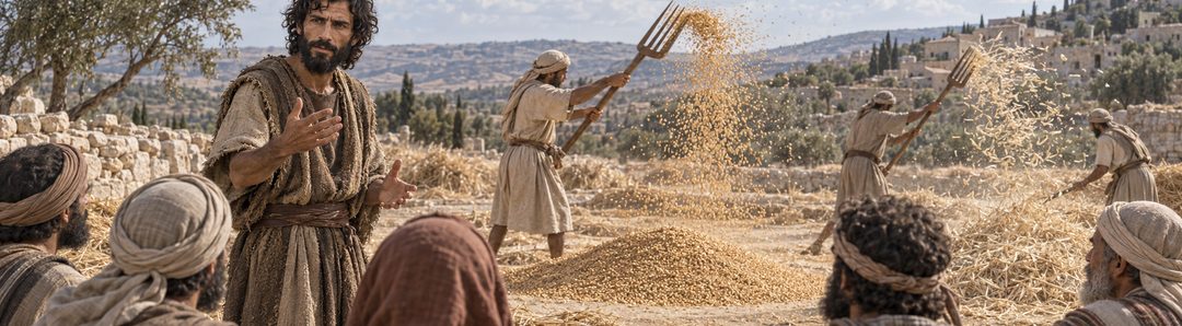 Illustratie bij: Graan en kaf worden op de dorsvloer gescheiden.