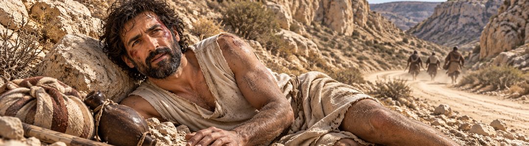 Illustratie bij: De beroofde reiziger ligt langs de weg naar Jericho.