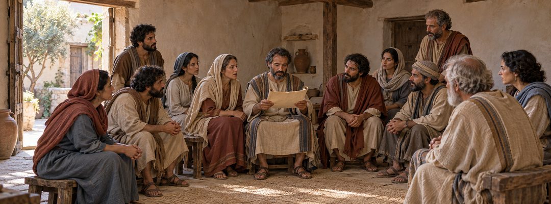 Illustratie bij: De gemeente hoort het lied over Christus.