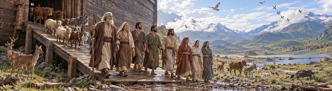 Illustratie bij: Noach verlaat de ark op de opgedroogde aarde.