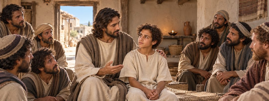 Illustratie bij: Jezus plaatst een kind te midden van de discipelen.