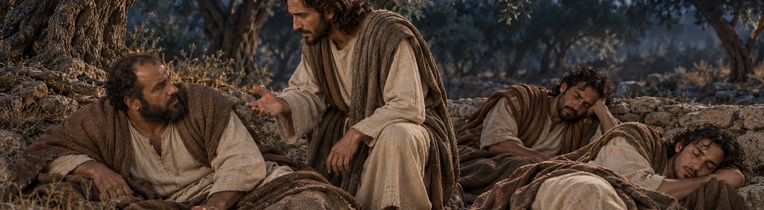 Illustratie bij: Jezus treft Petrus en de twee zonen van Zebedeüs slapend aan.
