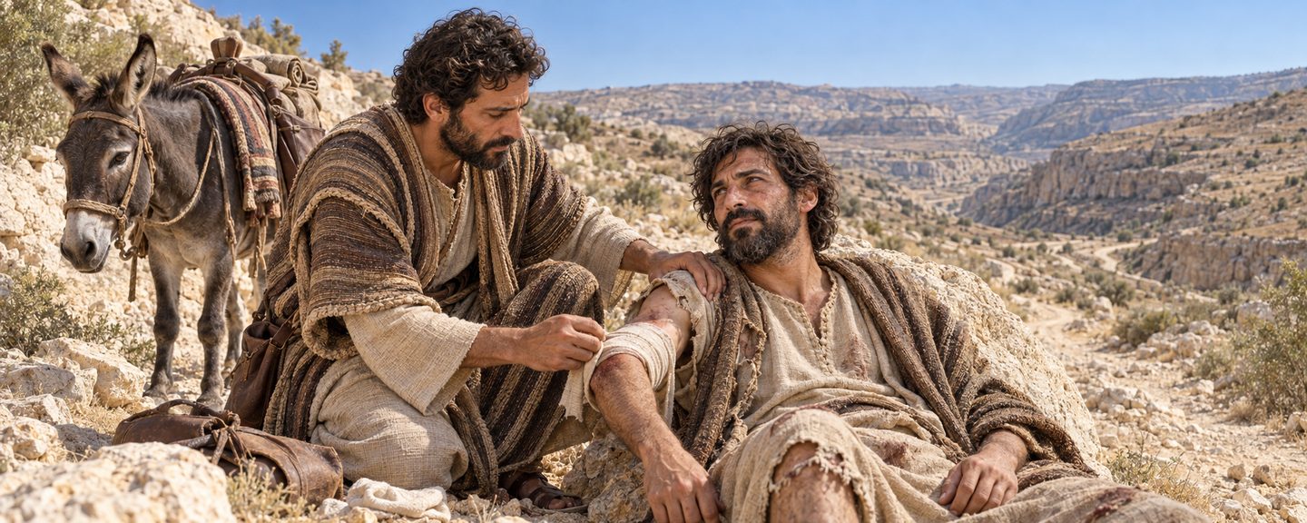 Illustratie bij: De Samaritaan betoont naastenliefde aan een gewonde vreemdeling.