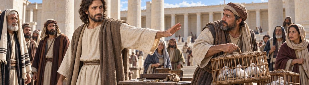 Illustratie bij: Jezus verdrijft de handel uit de tempel.