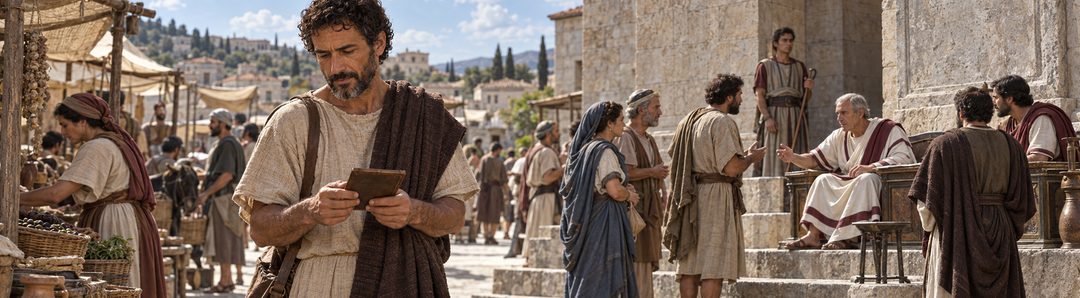 Illustratie bij: Lukas controleert historische details in Thessalonica.