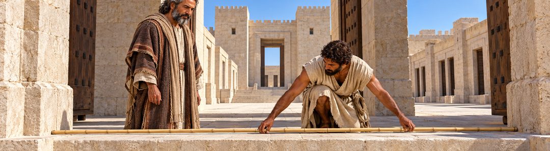 Illustratie bij: De meetman leidt Ezechiël door de tempel.