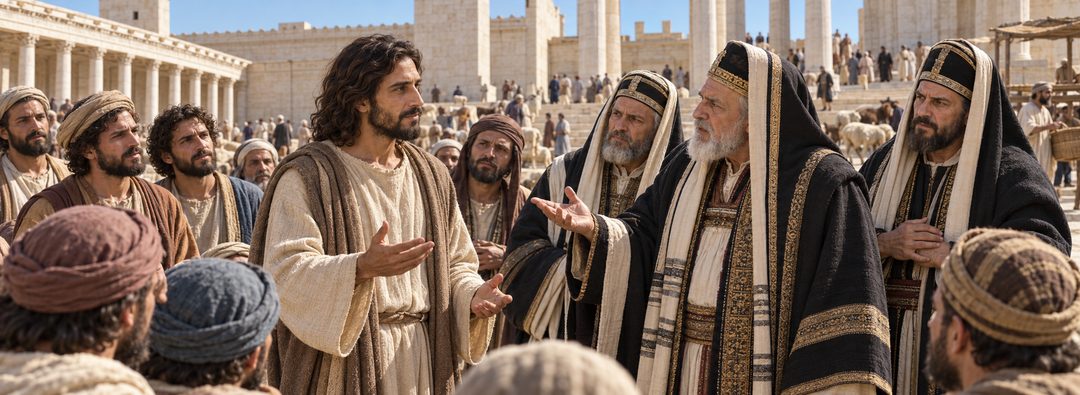 Illustratie bij: Jezus wordt in de tempel naar zijn gezag gevraagd.