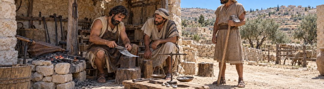 Illustratie bij: Israëlieten laten hun gereedschap bij de Filistijnen slijpen.