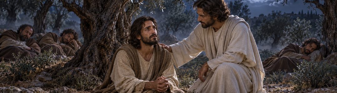 Illustratie bij: De engel versterkt Jezus en de discipelen slapen.