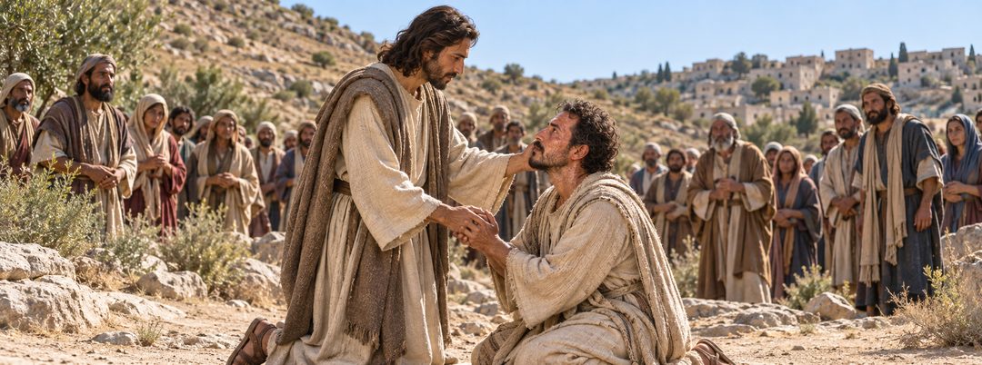Illustratie bij: Jezus geneest de melaatse aan de voet van de berg.