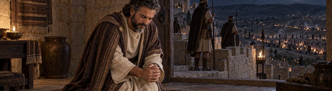 Illustratie bij: Hizkia bidt terwijl de Assyrische gesel wordt uitgesteld.