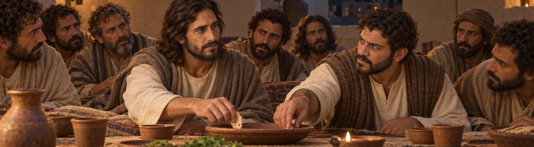 Illustratie bij: Judas deelt de schotel terwijl Jezus zijn verraad bekendmaakt.