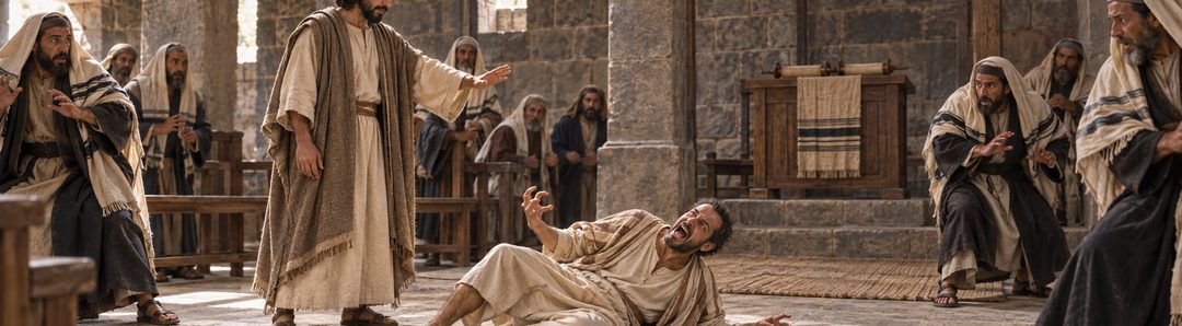 Illustratie bij: Jezus bevrijdt een man in de synagoge van Kapernaüm.