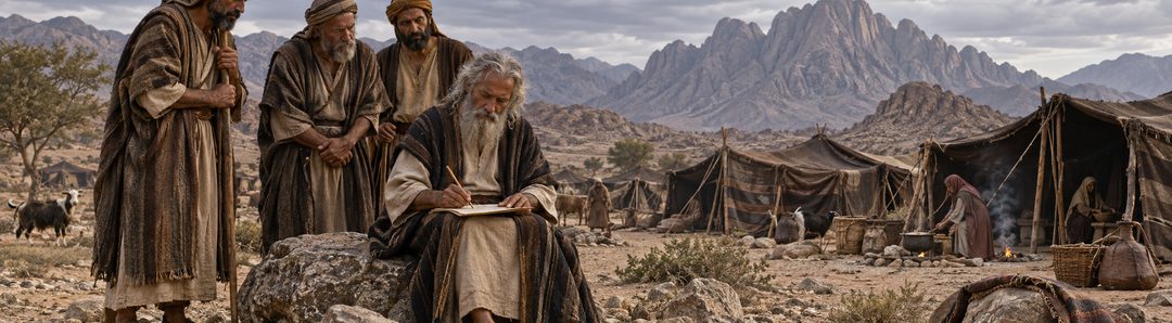 Illustratie bij: Mozes schrijft Gods voorschriften op.