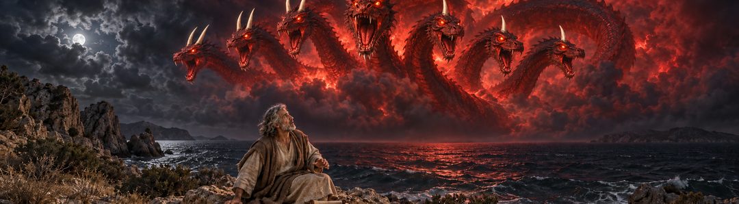 Illustratie bij: Johannes ziet de vuurrode draak in een visioen.