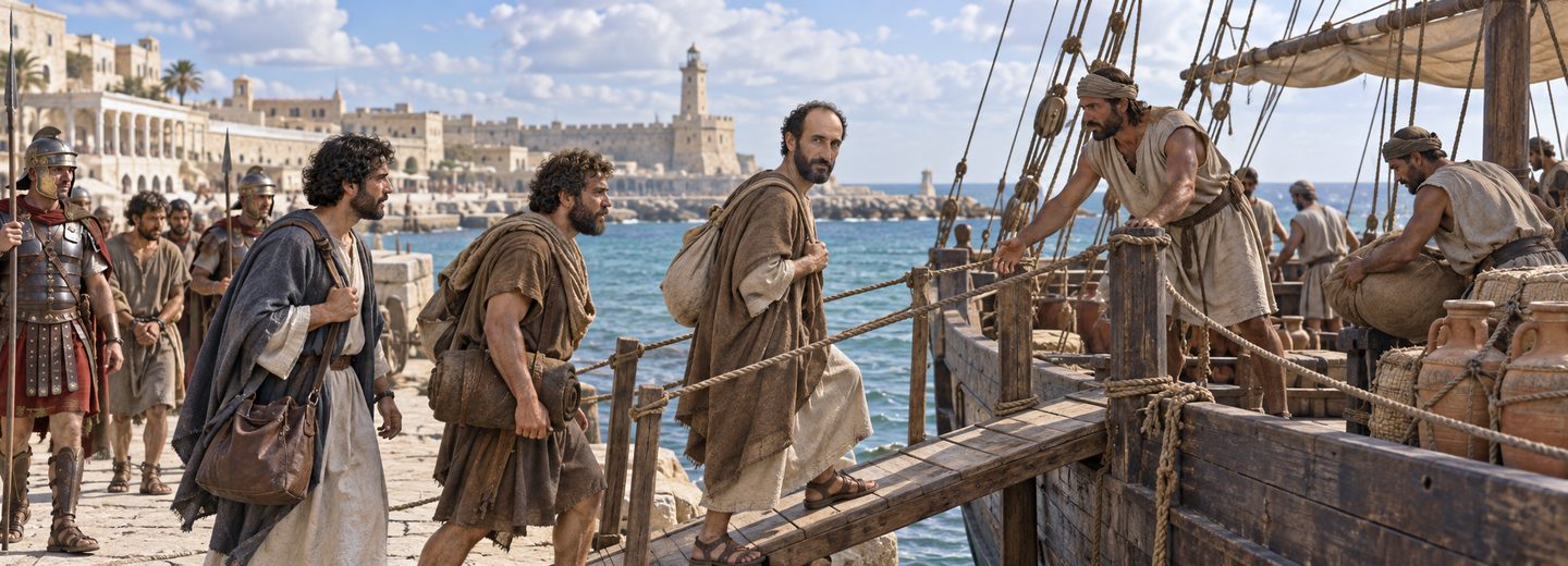 Illustratie bij: Paulus, Lukas en Aristarchus gaan aan boord van het Adramytteense schip.