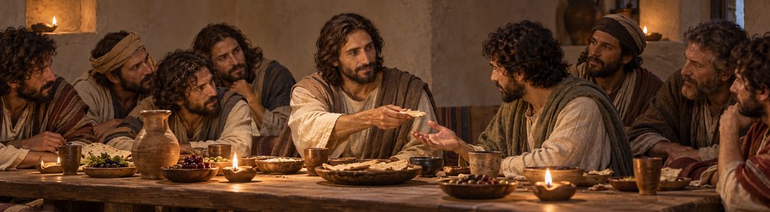 Illustratie bij: Jezus geeft het brood aan Zijn discipelen.