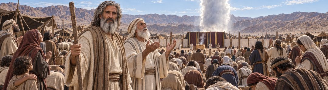 Illustratie bij: Mozes en Aäron staan met het volk onder God.