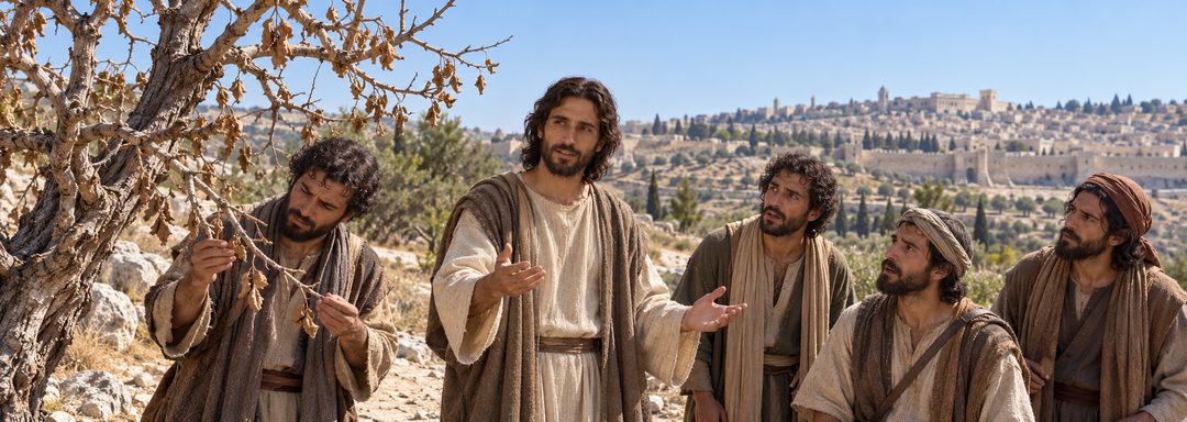 Illustratie bij: Jezus onderwijst zijn verbaasde discipelen bij de verdorde vijgenboom.