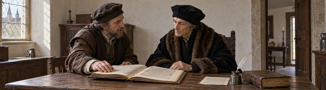 Illustratie bij: Een betwist handschrift wordt aan Erasmus voorgelegd.