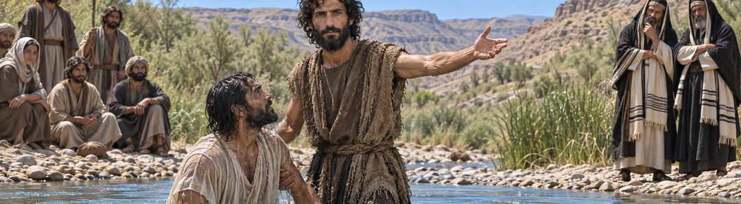 Illustratie bij: Johannes doopt in water en wijst vooruit naar Christus.