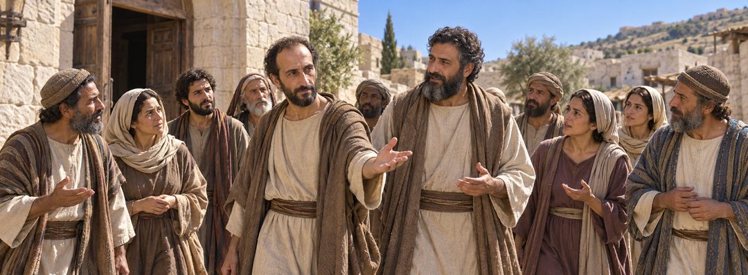 Illustratie bij: Belangstellenden volgen Paulus en Barnabas na de synagogedienst.