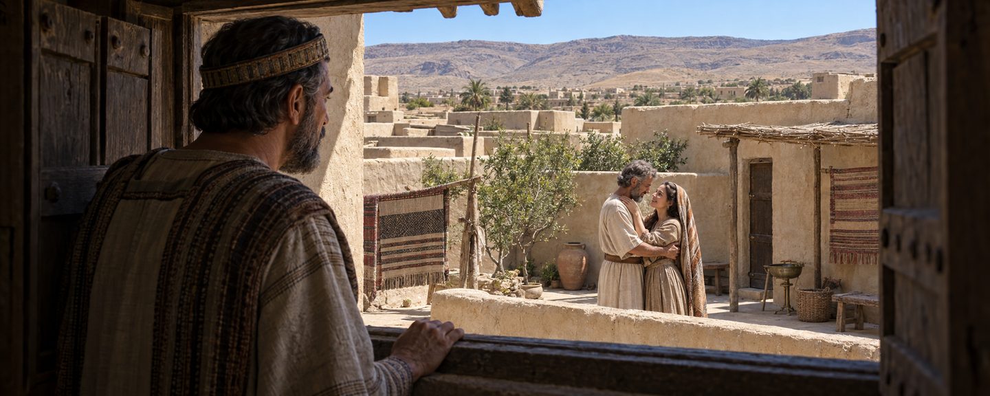 Illustratie bij: Abimelech ziet Izak en Rebekka samen.
