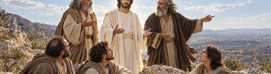 Illustratie bij: Mozes en Elia spreken met Jezus over Zijn exodus in Jeruzalem.