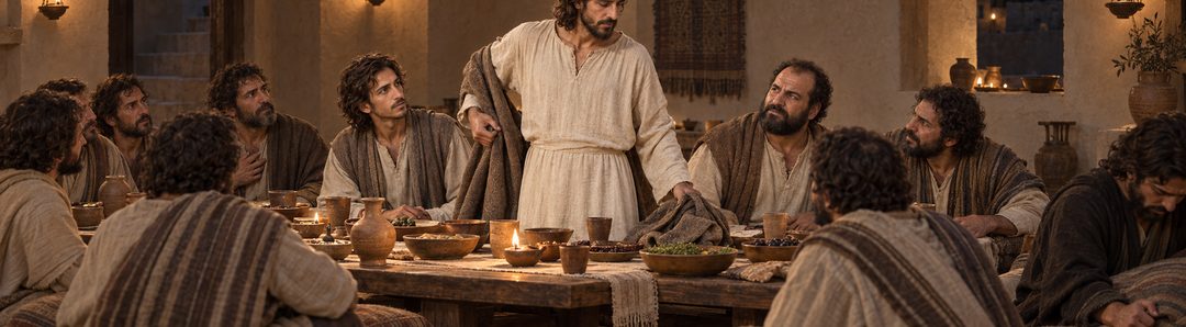 Illustratie bij: Jezus staat van de maaltijd op terwijl Judas verraad overweegt.