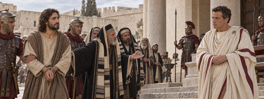 Illustratie bij: Jezus wordt geboeid aan Pontius Pilatus overgeleverd.