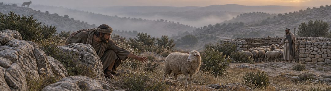 Illustratie bij: Een dief besluipt weerloze schapen buiten de bescherming van de herder.