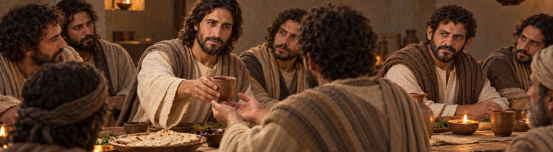 Illustratie bij: Jezus reikt de beker aan zijn discipelen.