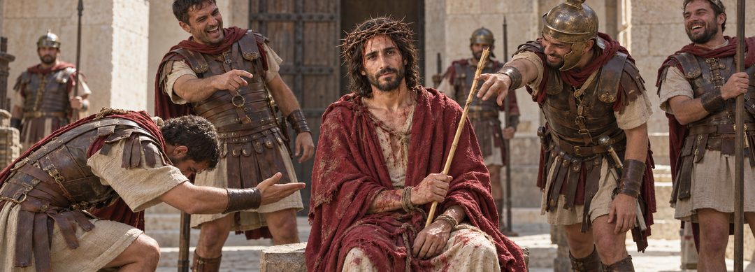 Illustratie bij: Jezus bespot door de Romeinse soldaten.