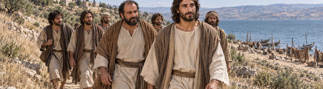 Illustratie bij: De discipelen lopen letterlijk achter Jezus aan.