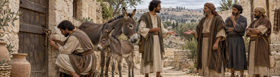 Illustratie bij: De twee discipelen maken het vastgebonden veulen los.