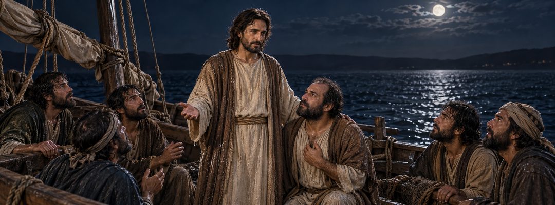 Illustratie bij: Jezus wordt na het stillen van de wind als Gods Zoon aanbeden.
