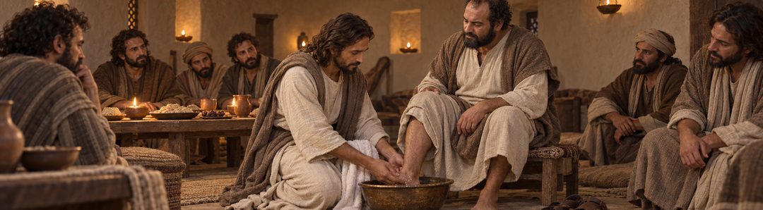 Illustratie bij: Jezus wast de voeten van Zijn discipelen als voorbeeld.