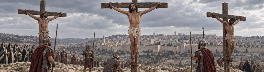 Illustratie bij: Jezus wordt door Romeinse handen gekruisigd.