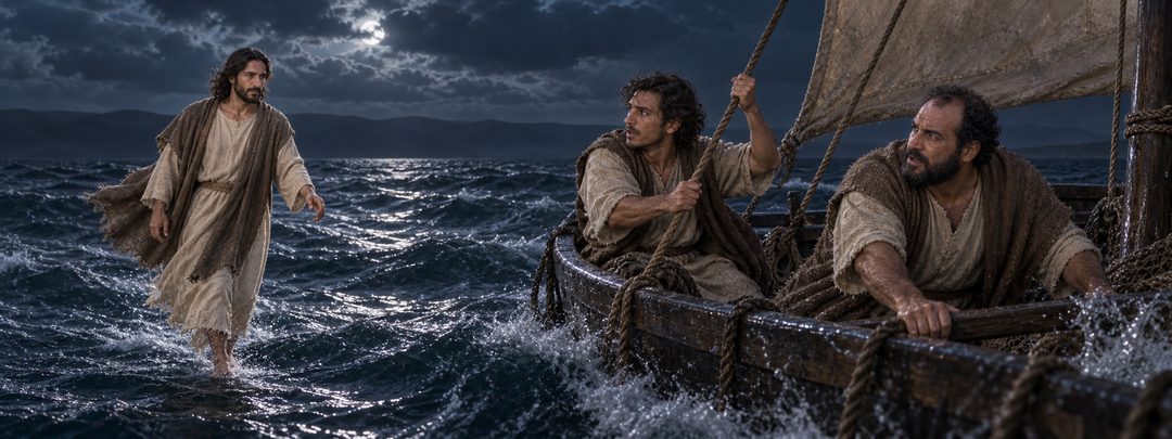 Illustratie bij: Jezus loopt over het meer naar de worstelende discipelen.