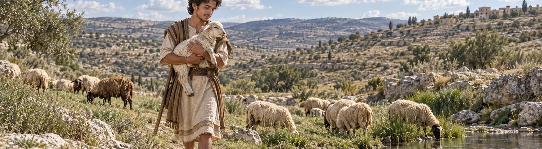 Illustratie bij: De herder brengt een afgedwaald schaap terug.