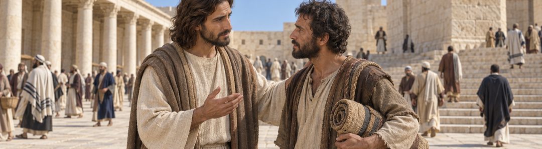 Illustratie bij: Jezus vindt de genezen man in de tempel.