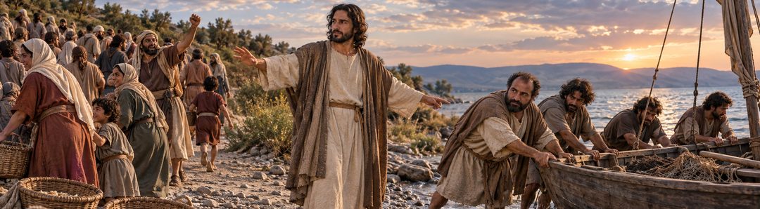 Illustratie bij: Jezus stuurt de discipelen vooruit en verspreidt de menigte.
